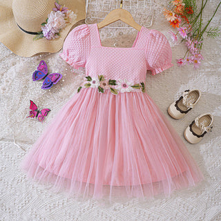 18M-6Y Girls Puff Sleeve Patchwork Mesh Dress