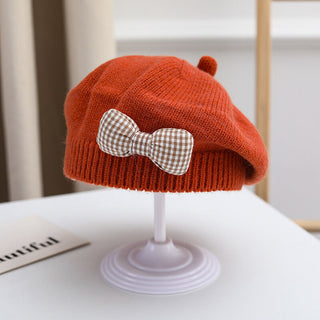 Knitted Beret with Plaid Bow