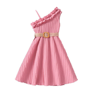 Girls One-Shoulder Sling Dress With Belt Ruffle Trim