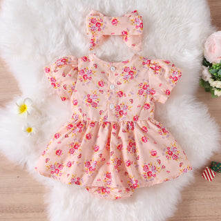 3-18M Baby Girls Floral Short Sleeve Bodysuit Dress With Headband