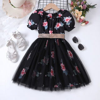 4-9Y  Girls Floral Mesh Dress With Belt