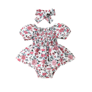 0-18M Baby Girls Floral Puff Sleeve Smocked Bodysuit & Headband