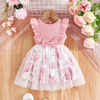 9M-5Y  Girls Sleeveless Patchwork Flower Print Mesh Dress