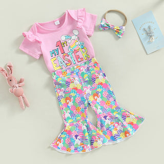 Baby Girls' First Easter Set with a Rabbit Print Bodysuit, Flare Pants, and matching Headband