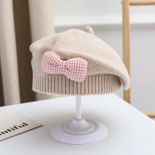 Knitted Beret with Plaid Bow