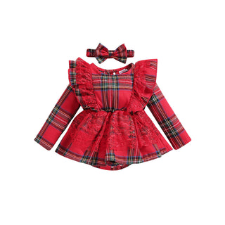 Violetta 3-24M Baby Girls Lace Plaid Christmas Bodysuit And Headband