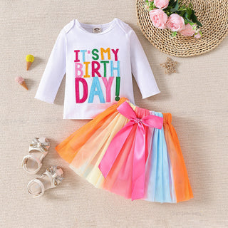 Long Sleeve Birthday Print Shirt And Rainbow Mesh Skirt Set