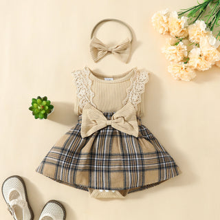 0-18M Baby Girls Lace Plaid Sleeveless Bodysuit & Headband