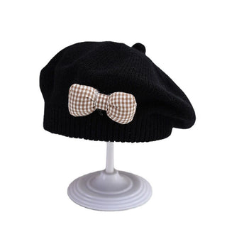 Knitted Beret with Plaid Bow