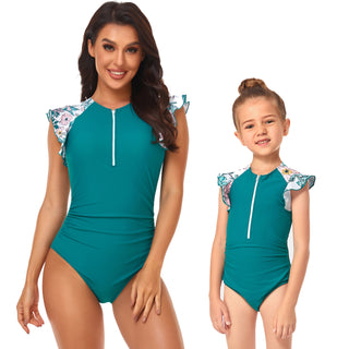 Mommy & Me Half Zip Ruffled Sleeve One-piece Swimsuit