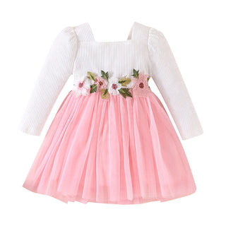 9M-4Y  Girls Embroidered Square Collar  Mesh Dress With Lace Trim