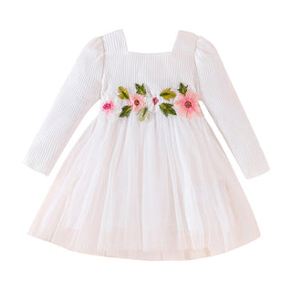 9M-4Y  Girls Embroidered Square Collar  Mesh Dress With Lace Trim