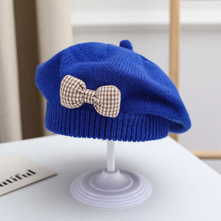 Knitted Beret with Plaid Bow