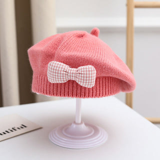 Knitted Beret with Plaid Bow