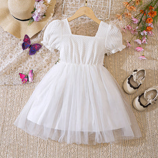 18M-6Y Girls Puff Sleeve Patchwork Mesh Dress