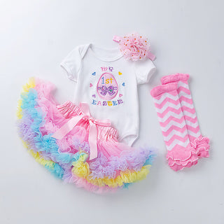 0-18M Baby Girls Easter Short Sleeve Embroidered Bodysuit & Tutu Skirt