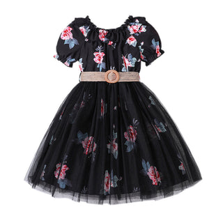 4-9Y  Girls Floral Mesh Dress With Belt