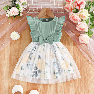 9M-5Y  Girls Sleeveless Patchwork Flower Print Mesh Dress