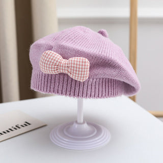 Knitted Beret with Plaid Bow