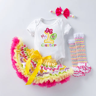 0-18M Baby Girls Easter Short Sleeve Embroidered Bodysuit & Tutu Skirt