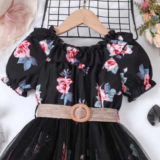 4-9Y  Girls Floral Mesh Dress With Belt