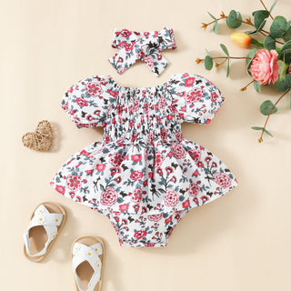 0-18M Baby Girls Floral Puff Sleeve Smocked Bodysuit & Headband