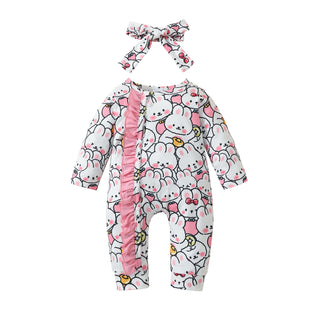 0-18 Months Baby Girls Easter Rabbit Print Ruffled Jumpsuit & Headband