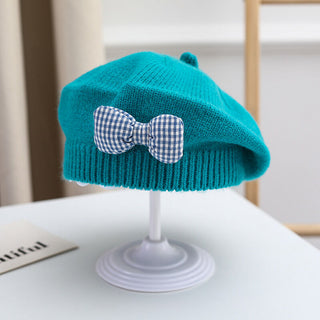 Knitted Beret with Plaid Bow