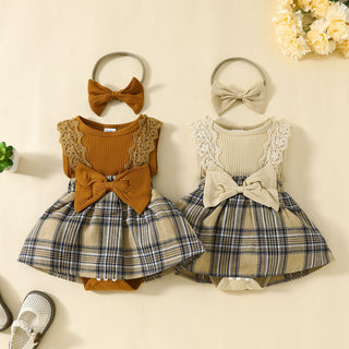 0-18M Baby Girls Lace Plaid Sleeveless Bodysuit & Headband