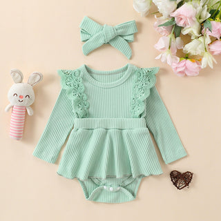 0-12M Baby Girls Lace Trim Ribbed Bodysuit With Headband