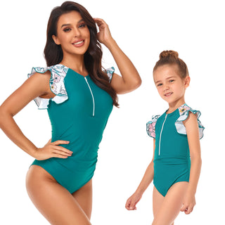 Mommy & Me Half Zip Ruffled Sleeve One-piece Swimsuit