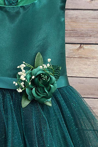Reese 311-L Hunter Green Satin and Tulle Dress with Sash and Flower-L Size 14-16