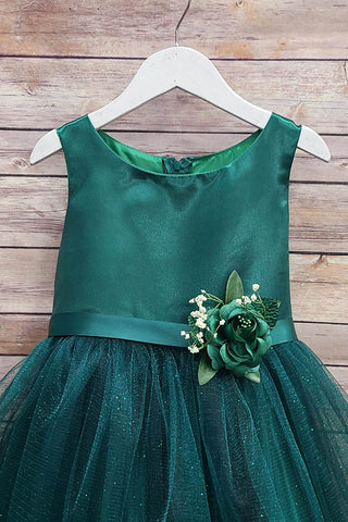 Reese 311 Hunter Green Satin and Tulle Dress with Sash and Flower Size 2-12