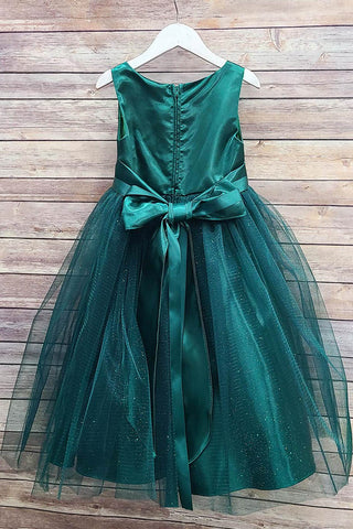 Reese 311-L Hunter Green Satin and Tulle Dress with Sash and Flower-L Size 14-16
