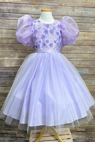 Margot 316 Puff Organza Sleeve with sequin and Flower Bodice Dress