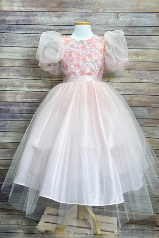 Margot 316 Puff Organza Sleeve with sequin and Flower Bodice Dress