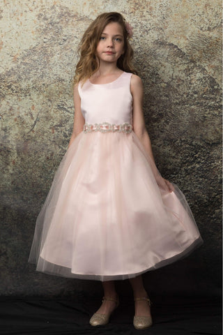 May 208A-108 Satin and Tulle dress with Sparkly Rhinestone belt with satin sash Sizes 2-12