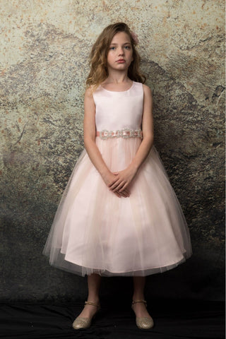 May 208A-108 Satin and Tulle dress with Sparkly Rhinestone belt with satin sash Sizes 2-12