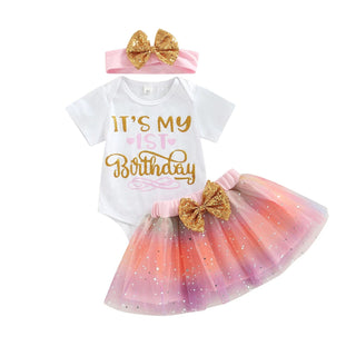 9-18M Baby Girls Birthday Letter Print Bodysuit, Mesh Tutu Skirt, and Headband