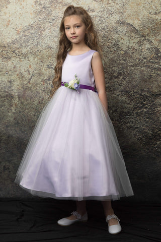 Antonia 208A Dull Satin and Tulle Dress with Pin-On Flower Sizes 2-12