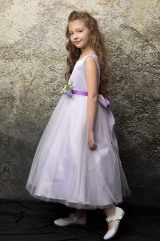 Antonia 208A Dull Satin and Tulle Dress with Pin-On Flower Sizes 2-12