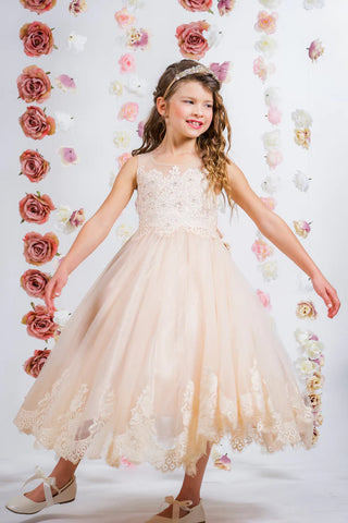 Lola 7007 Lace Applique Illusion Bateau Girls Dress