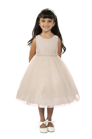 456-C Lace Girls Dress with Thick Pearl Trim