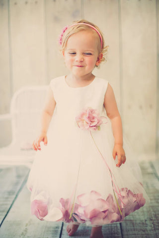 Halle 195B White Satin Flower Petal Baby Dress