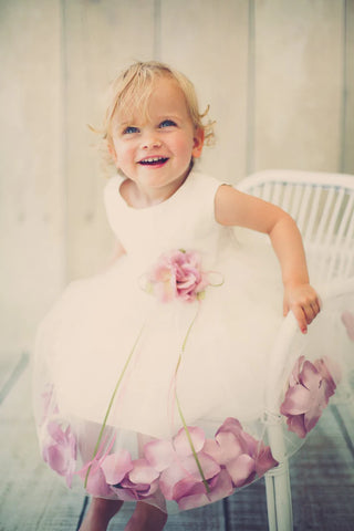 Halle 195B White Satin Flower Petal Baby Dress