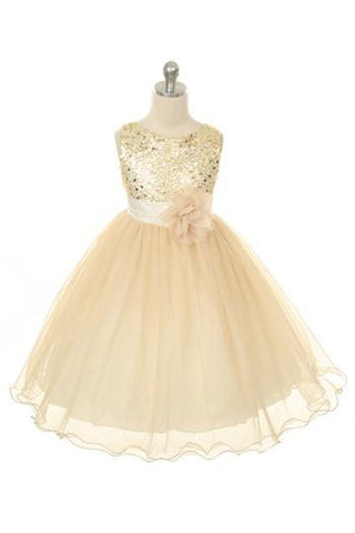 Serenity 305 Sequin Party Girls Dress with 3D Mesh Flower and Sash Plus Size