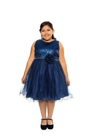 Serenity 305 Sequin Party Girls Dress with 3D Mesh Flower and Sash Plus Size