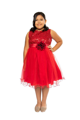 Serenity 305 Sequin Party Girls Dress with 3D Mesh Flower and Sash Plus Size