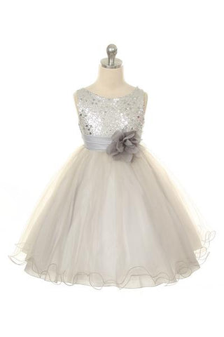 Serenity 305 Sequin Party Girls Dress with 3D Mesh Flower and Sash Plus Size