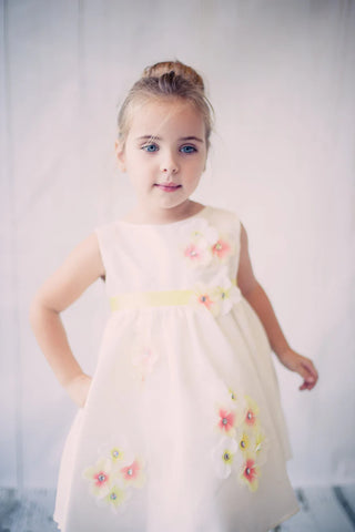 Bernadette 219-F Shantung Baby Dress Decorated with Flower Petals